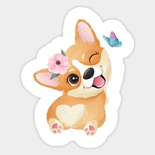 cute little corgi play with butterfly tshirt Sticker